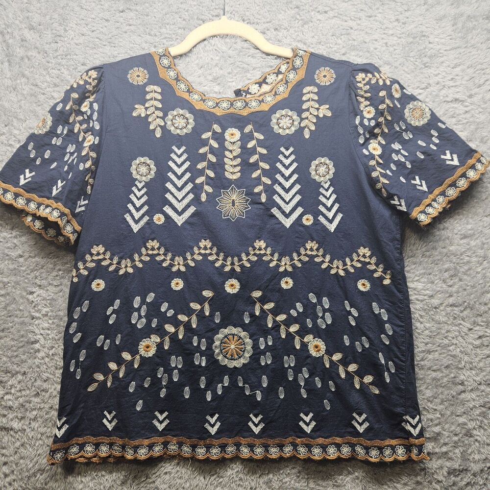 Main Strip Womens Navy Blue Embroidered Blouse Size Small Bohemian Floral Casual